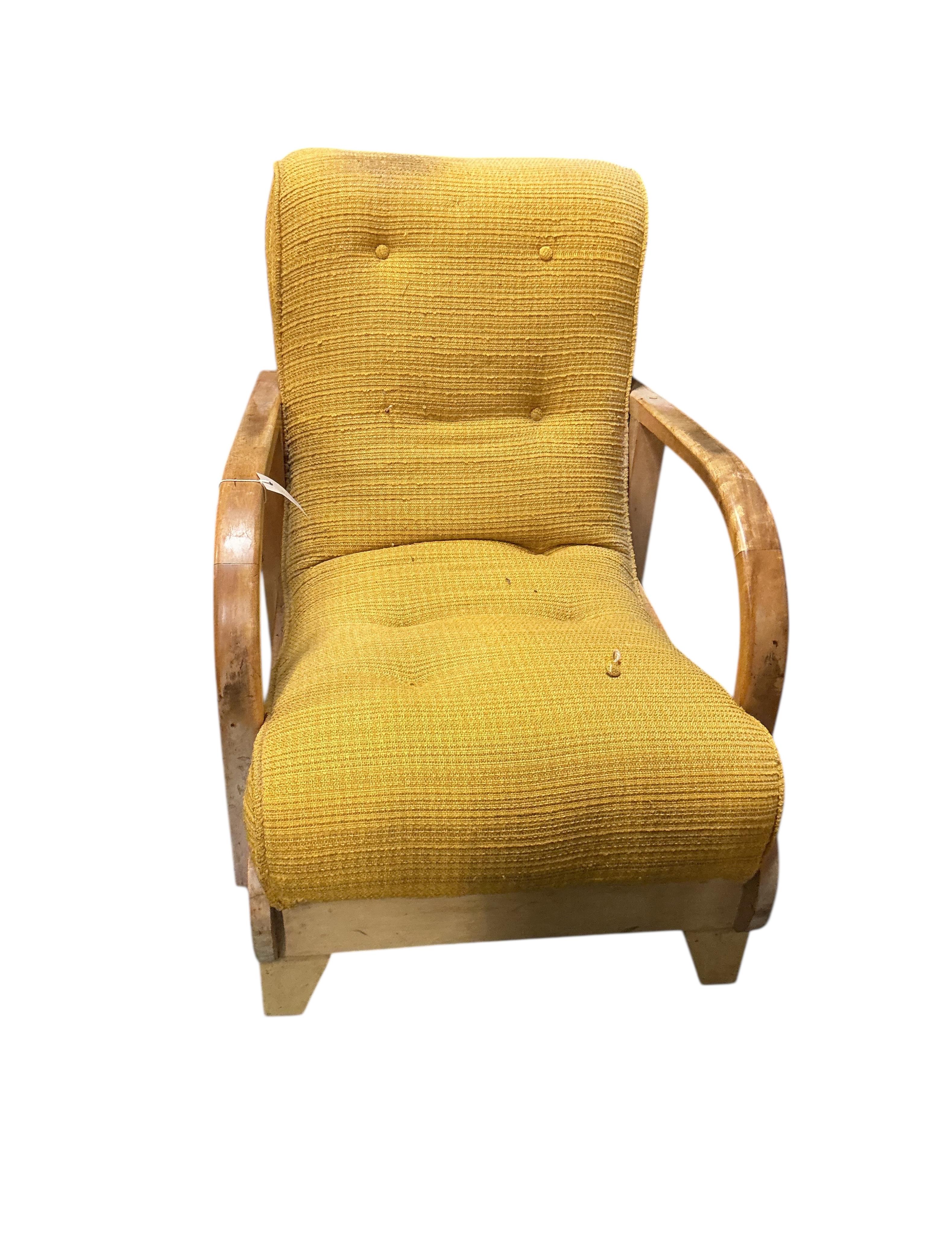 In the manner of Gerard Summers: A pair of mid century teak lounge chairs, width 57cm, depth 82cm, height 82cm